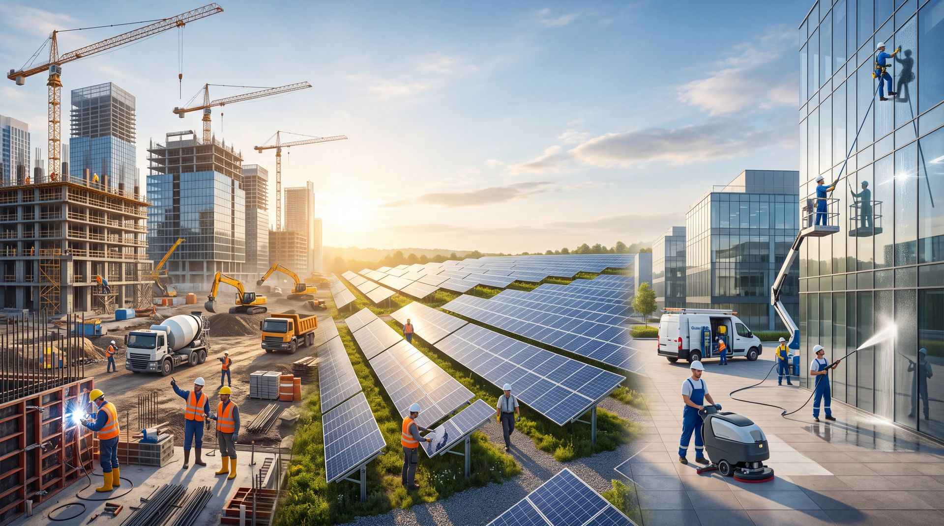 Construction, solar installation and building cleaning services